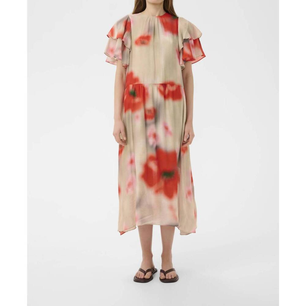 NEW INWEAR reagan ruffle midi dress in large blurried poppies green
